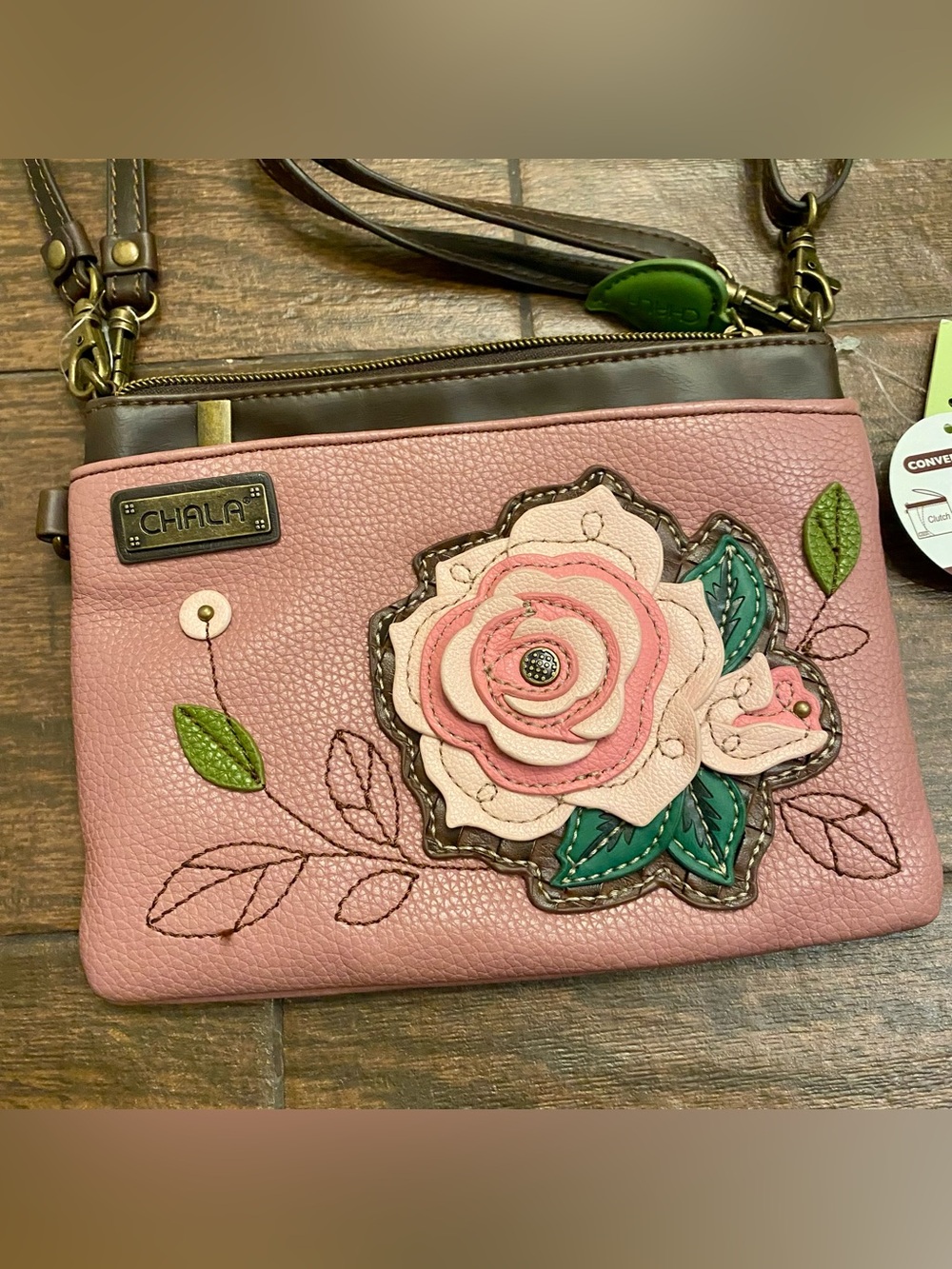 Chala Pink Floral Applique Crossbody with Brown Strap - Picture 2 of 10